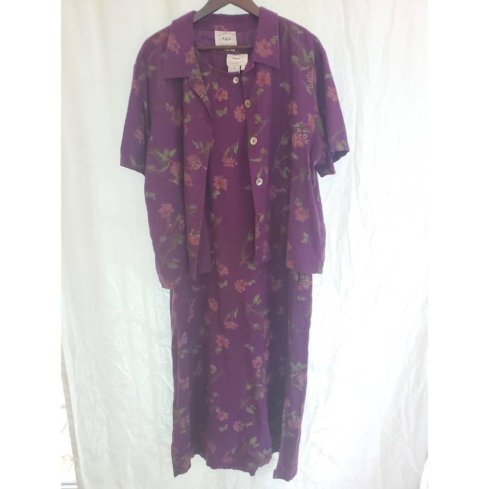 Country Wear Casuals Purple Floral Linen Rayon Maxi Dress and Shirt Set Large